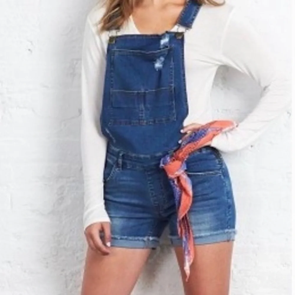 Wild Blue Denim Distressed Overall Bib Shorts